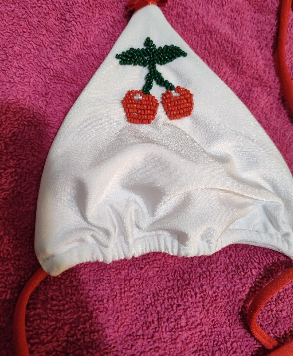 Beach Bunny White & Red Cherry Embellished Triangle Bikini - Picture 3 of 7